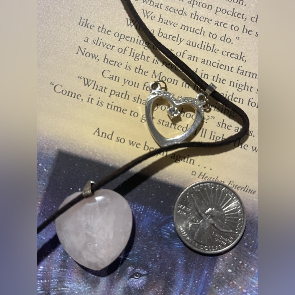 Rose quartz gemstone 💜crystal pair necklace vtg Valentines Day leather cord💜